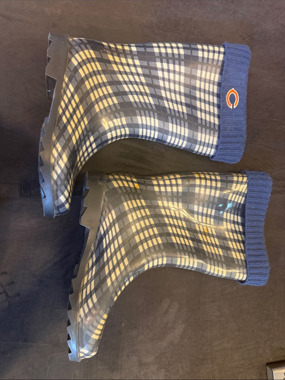Chicago Bears Men's Navy & White Plaid Rain Boots with Knit Cuff